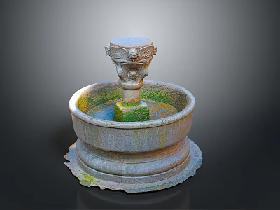 Classical Stone Fountain Sculpture Featuring Carved Dragon Head Circular Base And Moss Details 3d model
