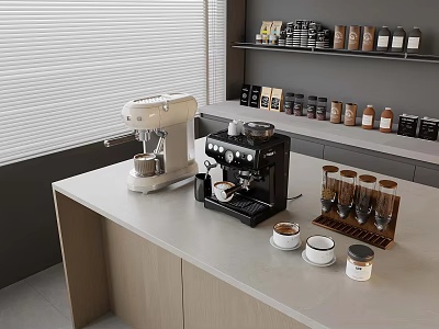 Coffee Station With White And Black Espresso Machines Glass Cups Jars On Light Countertop 3d model