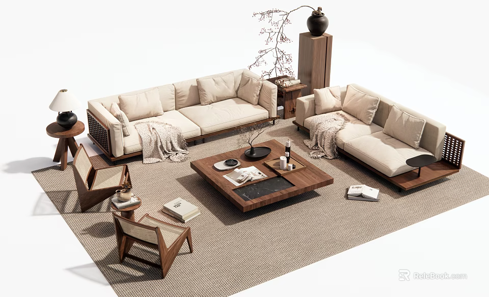 Modern Beige Sofa And Wooden Coffee Table Set With Side Tables Accent Chairs And Throw Blanket 3d model 