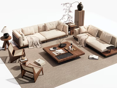 Modern Beige Sofa And Wooden Coffee Table Set With Side Tables Accent Chairs And Throw Blanket 3d model