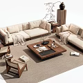 Modern Beige Sofa And Wooden Coffee Table Set With Side Tables Accent Chairs And Throw Blanket