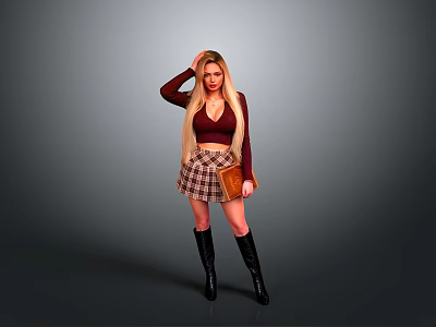 Stylish Woman With Long Blond Hair Wearing Maroon Top Plaid Skirt And Black Boots 3d model