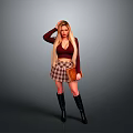 Stylish Woman With Long Blond Hair Wearing Maroon Top Plaid Skirt And Black Boots