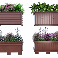 Vibrant Flowers and Lush Green Plants in Rustic Wooden Planter Boxes with Natural Design
