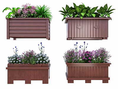 Vibrant Flowers and Lush Green Plants in Rustic Wooden Planter Boxes with Natural Design 3d model