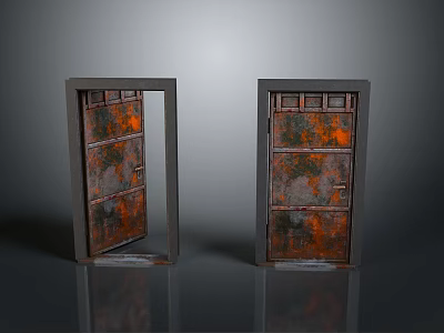 Rusty Iron Doors With Open And Closed States On Gray Reflective Floor 3d model