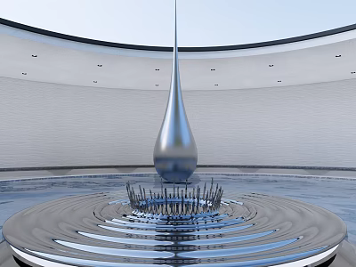 Water Drop Shaped Sculpture in Circular Pool with Rippling Water and White Curved Wall 3d model