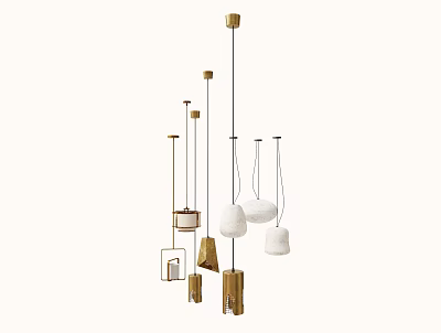Stylish Modern Pendant Lights With Geometric Brass Frames And White Globe Shades 3d model