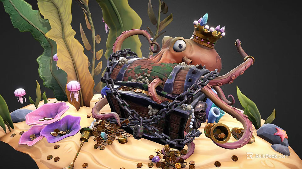 Octopus With Crown Guarding Locked Treasure Chest Surrounded By Gold Coins And Seaweed 3d model 