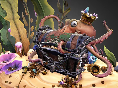 Octopus With Crown Guarding Locked Treasure Chest Surrounded By Gold Coins And Seaweed 3d model