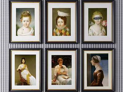 Six Framed Portrait Paintings Hung On Striped Wall With Classic Artworks 3d model