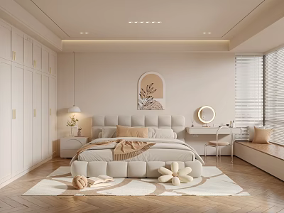 Modern Minimalist Bedroom Interior With Upholstered Bed Wardrobe Rug Blinds And Decorative Art 3d model