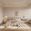Modern Minimalist Bedroom Interior With Upholstered Bed Wardrobe Rug Blinds And Decorative Art
