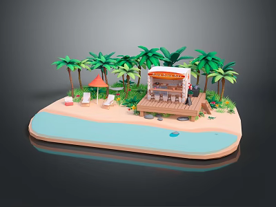 Cartoon Beach Scene With Palm Trees Wooden Platform Kiosk White Lounge Chairs And Blue Water 3d model