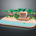 Cartoon Beach Scene With Palm Trees Wooden Platform Kiosk White Lounge Chairs And Blue Water