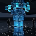 DP Device Featuring Blue Illuminated Cube Structure With Human Figures In Modern Space