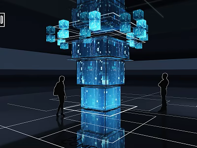 DP Device Featuring Blue Illuminated Cube Structure With Human Figures In Modern Space 3d model