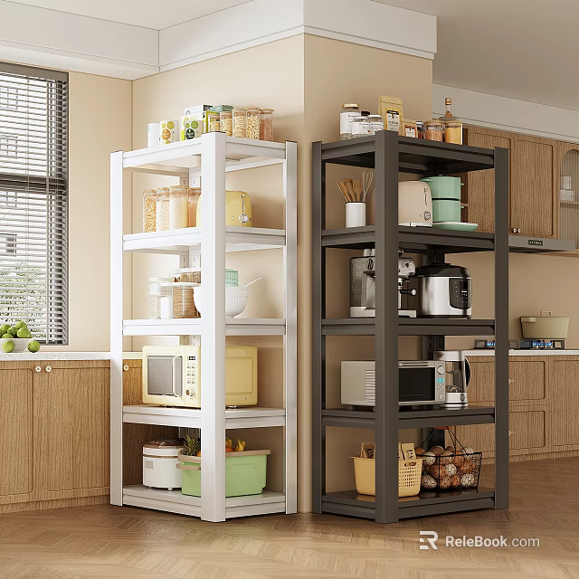 White and Gray Kitchen Shelving Units With Containers Microwave Coffee Maker Dishes and Storage Boxes 3d model 