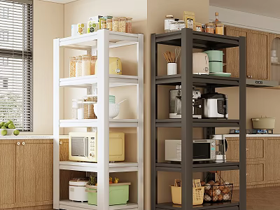 White and Gray Kitchen Shelving Units With Containers Microwave Coffee Maker Dishes and Storage Boxes 3d model