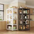 White and Gray Kitchen Shelving Units With Containers Microwave Coffee Maker Dishes and Storage Boxes