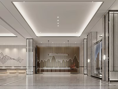 Modern Luxury Sales Office Interior With Ceiling Lights Landscape Painting And Reception Desk 3d model