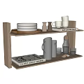 Decorative Ornaments Set On Wooden Shelves With Mugs Plates Kettle And Signs