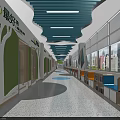 Elevator Corridor With Green White Tree Patterns Blue Ceiling Colorful Bookshelves Large Windows City View 3d model