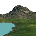 Garden Landscape With Green Mountain Grassland And Lake Under Cloudy Sky