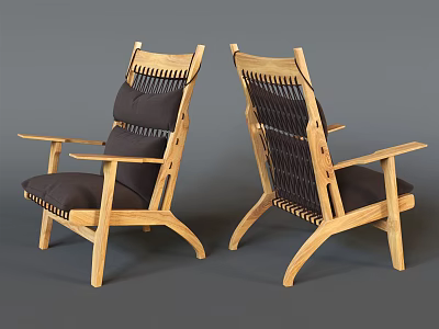 Wooden Lounge Chair With Woven Backrest Comfortable Dark Cushion And Armrests 3d model