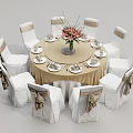 Elegant Round Dining Table Arrangement With White Chairs Beige Bows Flower Vase And Tableware