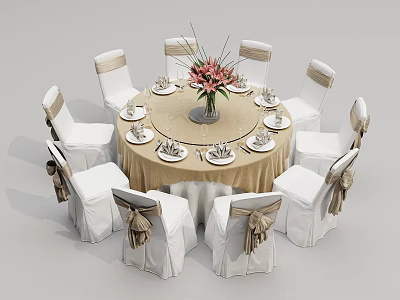 Elegant Round Dining Table Arrangement With White Chairs Beige Bows Flower Vase And Tableware 3d model