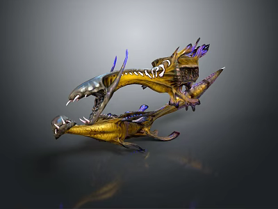 Intricate Mythical Dragon Sculpture Carving With Golden Purple Accents Dynamic Claws And Shiny Texture 3d model