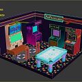 Vibrant Retro Arcade Room with Multiple Electronic Gaming Machines Air Hockey Table and Neon Signs