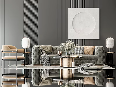 Modern Gray Sofa Coffee Table Set With Beige Pillows Flower Vase And Floor Lamp 3d model