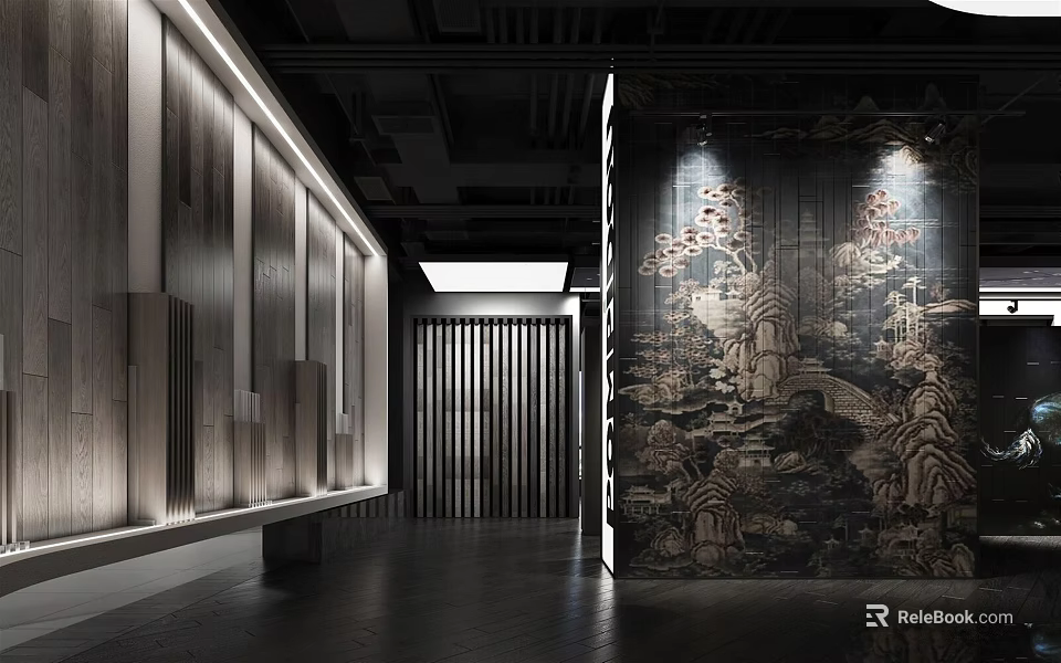 Modern Interior Hallway With Wooden Walls Decorative Mural And Ceiling Lighting 3d model 