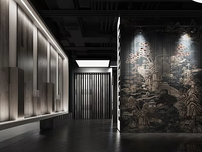 Modern Interior Hallway With Wooden Walls Decorative Mural And Ceiling Lighting 3d model