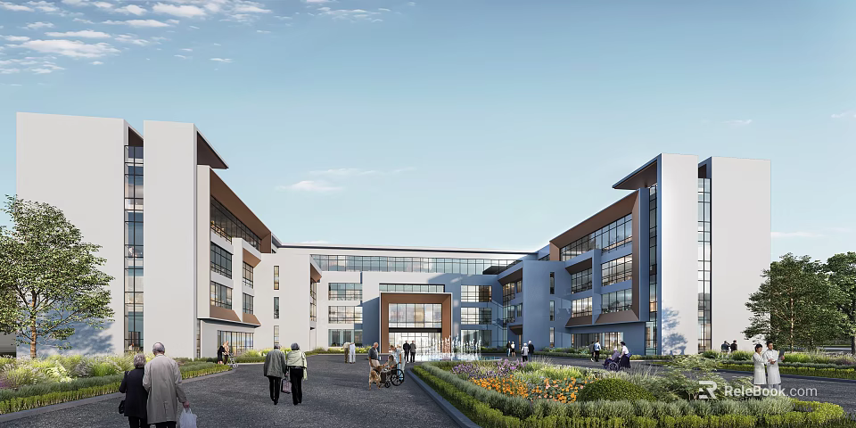 Modern Senior Care Facility Exterior Design With Beautiful Landscaped Garden And Spacious Public Walking Path 3d model 