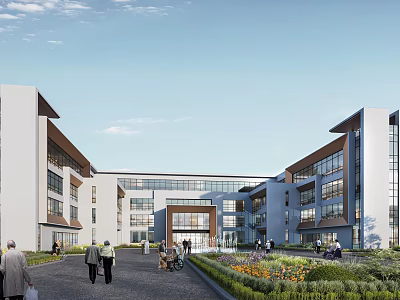 Modern Senior Care Facility Exterior Design With Beautiful Landscaped Garden And Spacious Public Walking Path 3d model