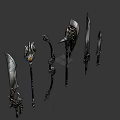 Fantasy Battle Weapons Featuring Intricate Metallic Designs Swords Axes and Spiked Details