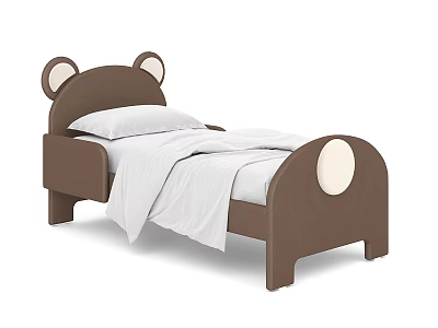 Cute Brown Children's Bed With Bear Ear Headboard Round Footboard And White Sheets Pillow 3d model