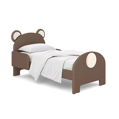 Cute Brown Children's Bed With Bear Ear Headboard Round Footboard And White Sheets Pillow 3d model