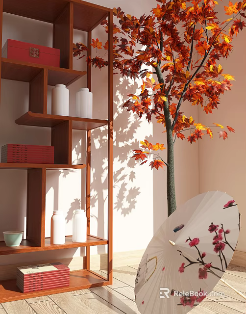 Decorative Ornament Combination With Wooden Shelf White Vases Red Books Maple Tree Floral Bird Fan 3d model 
