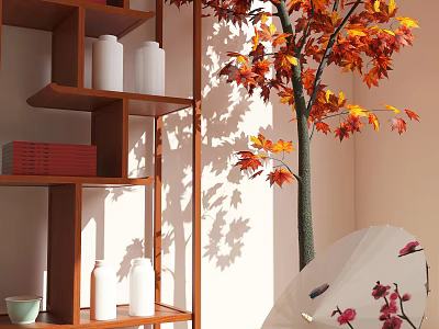Decorative Ornament Combination With Wooden Shelf White Vases Red Books Maple Tree Floral Bird Fan 3d model