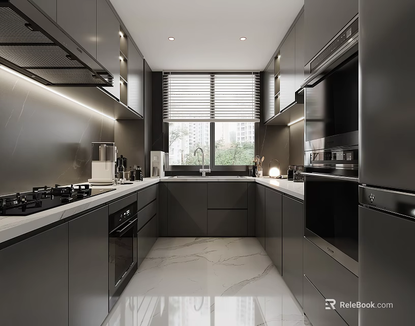 Modern Kitchen Interior Design With Dark Cabinets Marble Countertop And Appliances 3d model 