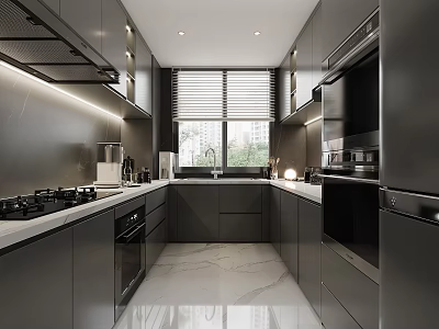 Modern Kitchen Interior Design With Dark Cabinets Marble Countertop And Appliances 3d model