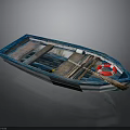Small Wooden Boat With Blue Hull Lifebuoy Oar And Traditional Design