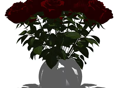 White Vase With Fresh Red Roses And Green Leaves For Home Decoration 3d model