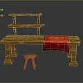 Wooden Furniture Collection Featuring Long Table Red Cloth Small Stool And Three Tiered Shelf