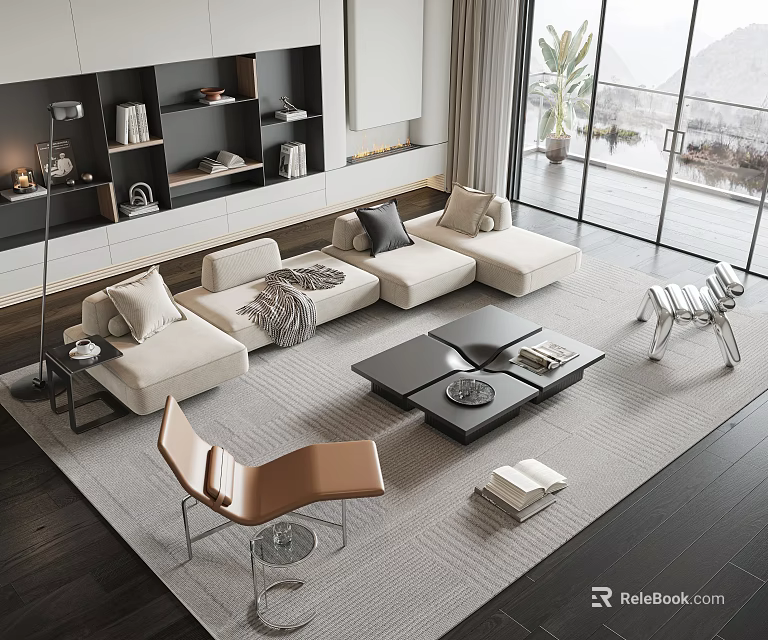 Modern Living Room Sofa Coffee Table Set With Beige Sofa Black Table And Area Rug 3d model 