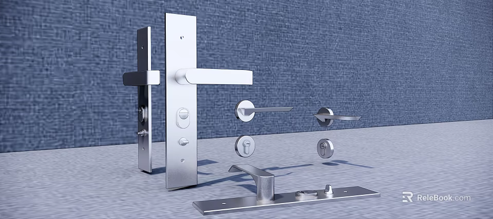 Various Stainless Steel Door Handles with Modern Design and Lock Components on Brick Wall Background 3d model 